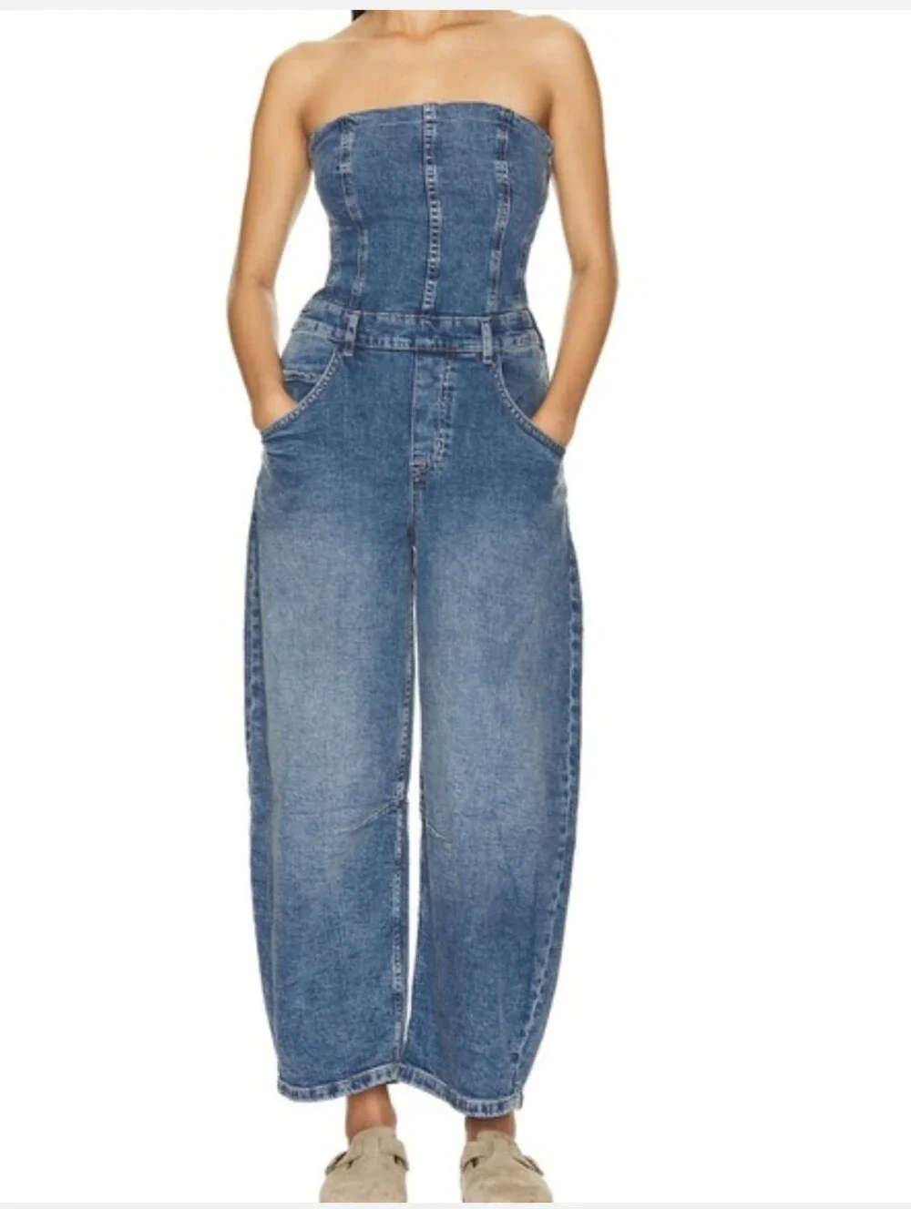 We The Free Free People Je Suis Pret Denim Strapless Barrel Leg Jumpsuit NWT M - Picture 16 of 16